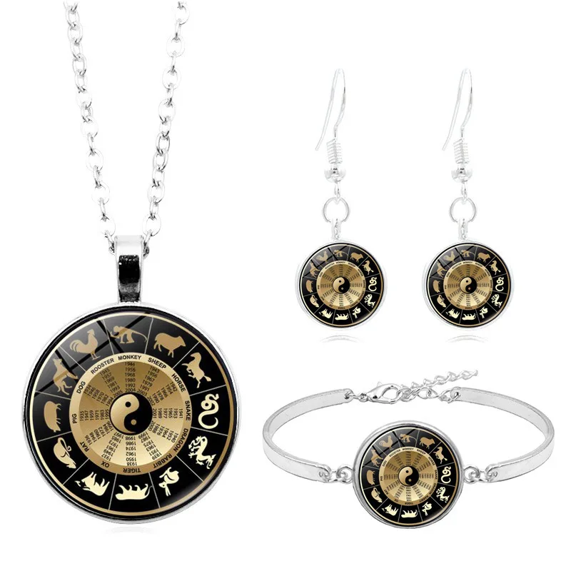 

New Products Accessories Chinese Zodiac Constellation Time Stone Necklace Set Silver Bracelets Ear Stud Jewelry Set