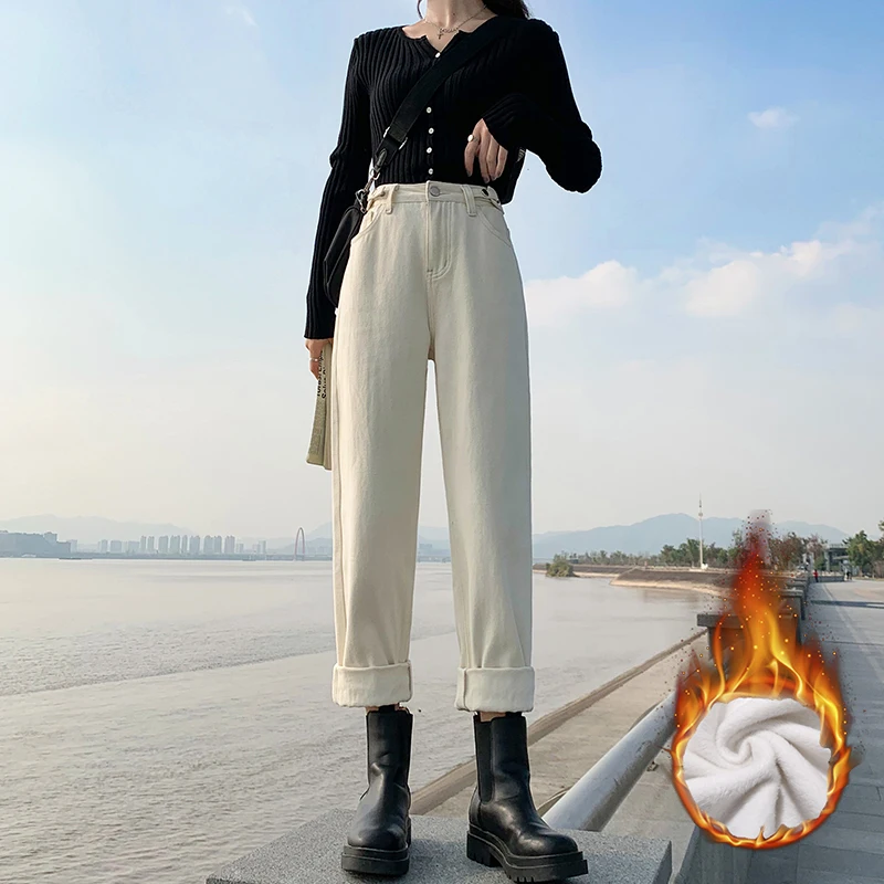 

Creamy-White Jeans Women's Trousers Keep Warm Winter Velvet Loose Wide-Legs Plus Size Straight Pants High Waist