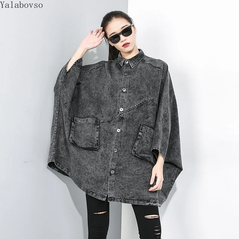 

Loose styles clothes washed jeans windbreaker loose bat jacket womens trench coats Punk Style Single Breasted A71Z40