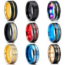 FDLK  8MM Men's Stainless Steel Rings Blue Red Rainbow Groove Beveled Edge Ring Carbon Fiber Ring Men's's Wedding Band Jewelry