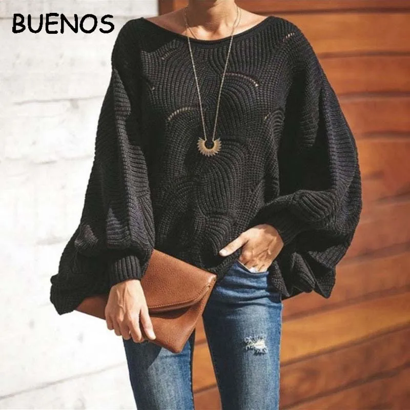 

BUENOS 2019 autumn winter womne's sweater hollow hook flower casual loose solid pullover O-neck bat sleeve shirt pull femme