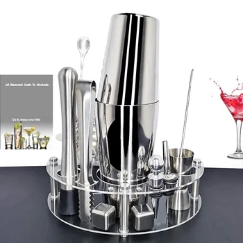 

450/600/750ml Cocktail Shaker Set 1-12 Pieces Barware KitStainless Steel Martini Shaker with Stand + Drink Recipe, Tongs Cork