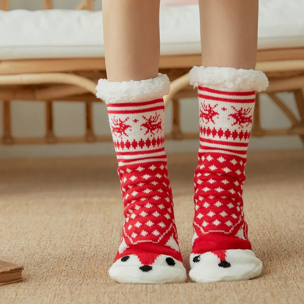 Для женщин зимние рождественские носки из хлопка с принтом толстая нескользящая подошва; теплые флисовые Носки для женщин harajuku женские забавные носки для девочек уличная