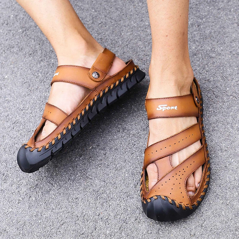 QZHSMY Classic Soft Men Sandals Comfortable Summer Black Men Shoes Leather Sandals Big Size New High Quality Loafers Safety Shoe