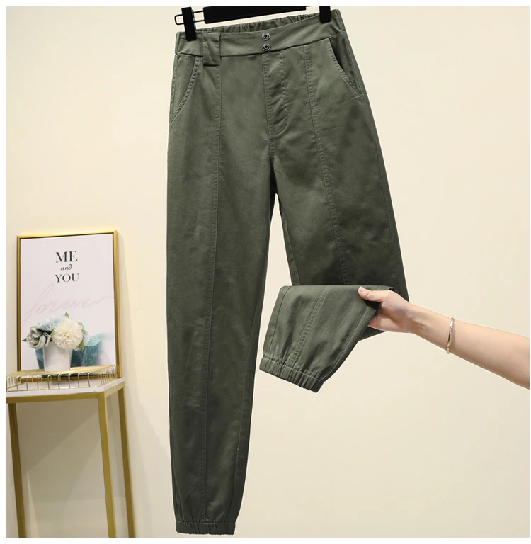 High Waist Plus Size Casual Loose Broadcloth Elastic Waist Ankle-length Army Green Black Trousers Women Cargo Pants Women 11701 capri sweatpants