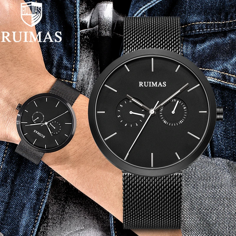 

RUIMAS Man Watch Causal Fashion Thin Waterproof Wristwatch Mens Steel Mesh Chronograph Quartz Watch Male Clock Relogio Masculino