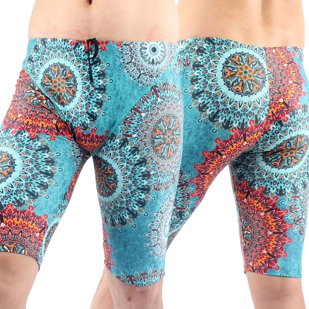 Nylon Lycra Drawstring Mens Swimming Trunks Amazing Print Knee Length