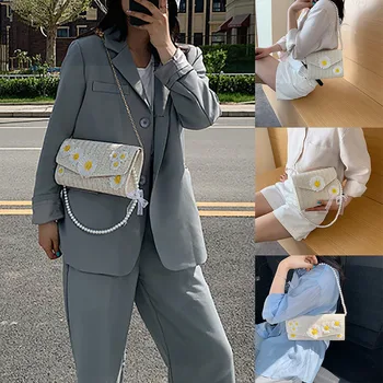 

Women's Fashion Pearl Magnetic Woven Bag Floral Handbag Woven Bag Beach Bag соломенная сумка 2020