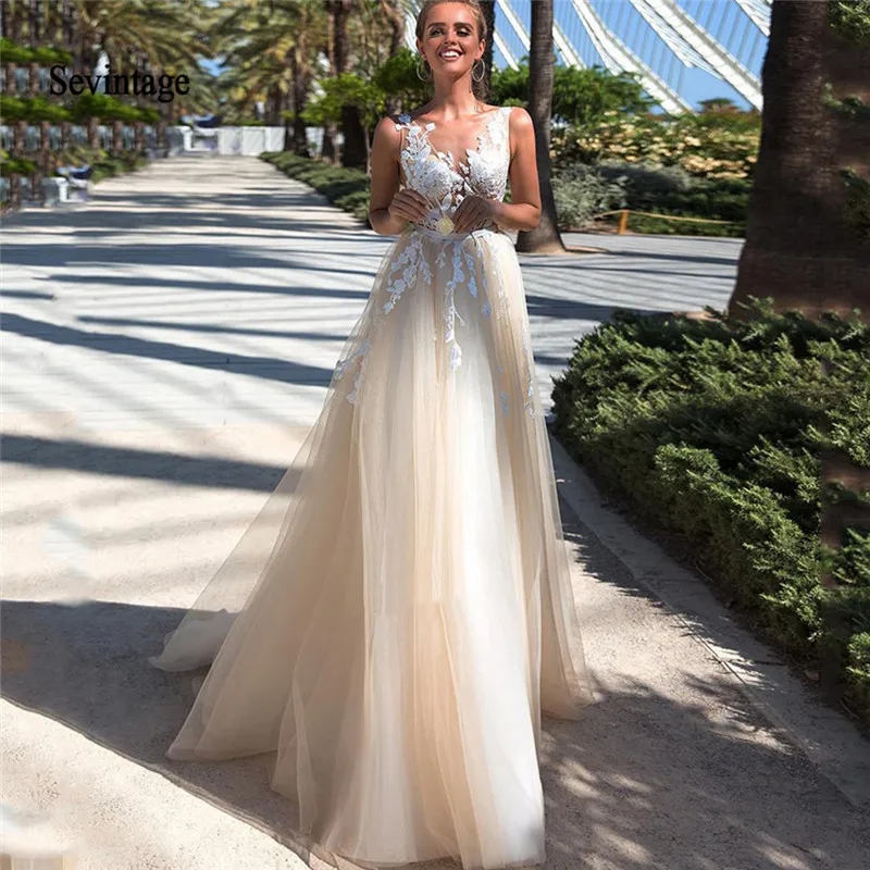 

Sevintage Cheap A Line V Neck Lace Boho Wedding Dresses Plus Size Tulle Backless Wedding Bridal Gowns 2020 Beach robe de mariйe