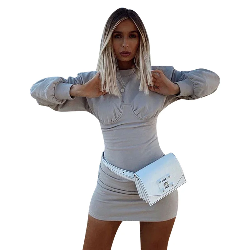 

Mini Dress Women Long Sleeve O-neck Bag Hip Dress Solid Color Boho Women Clothes Autumn Dresses Woman Party Night Dress Casual