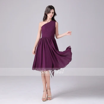 

A-Line One Shoulder Short Chiffon Bridesmaid Dresses With Side-Droped For Wedding Party
