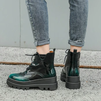 

EshtonShero Leather Women Boots Lace Up Fashion Round Toe Mixed Color Height Increasing winter Autumn Blue Woman shoes Size 3-9