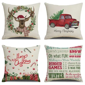 

Christmas Red Truck Deer Cushion Cover Christmas Tree Decora Pillow Cover Family Living Room Chair New Year Pillowcase 45x45cm