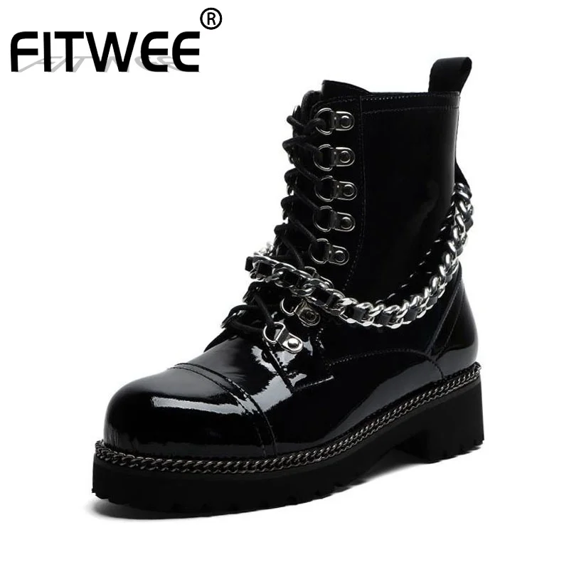 FITWEE; женские ботинки из натуральной кожи; зимняя обувь на плоской подошве в стиле панк; женские ботинки с металлическими цепочками и заклепками на молнии в готическом стиле; размер 34-41
