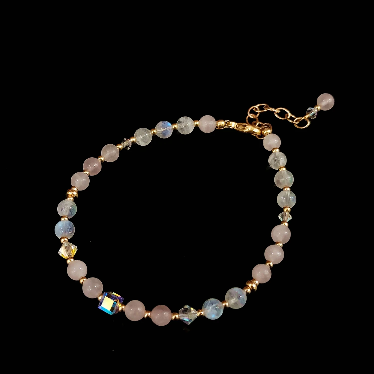 

Lii Ji Rose Quartz Moonstone Austrian Crystal 14K Gold Filled Bracelet 17+3cm Natural 4mm Stone Handmade Jewelry For Women Gift