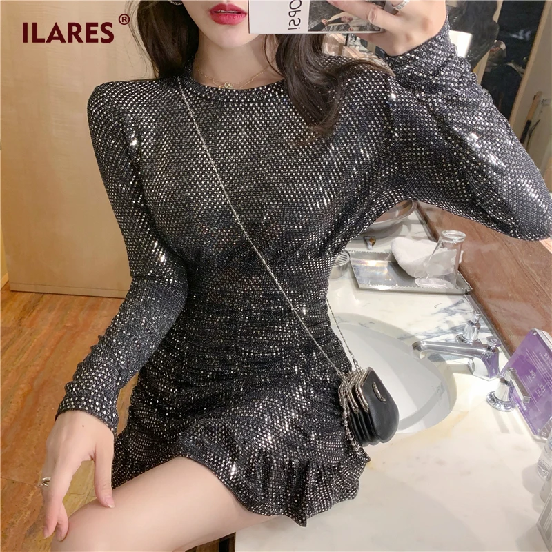 ILARES/женское платье, вечерние, рыбий хвост, женское, винтажное, элегантное, черное, тонкое, сексуальное, зимнее, с блестками, облегающее, мини-платье, для женщин, для ночного блеска