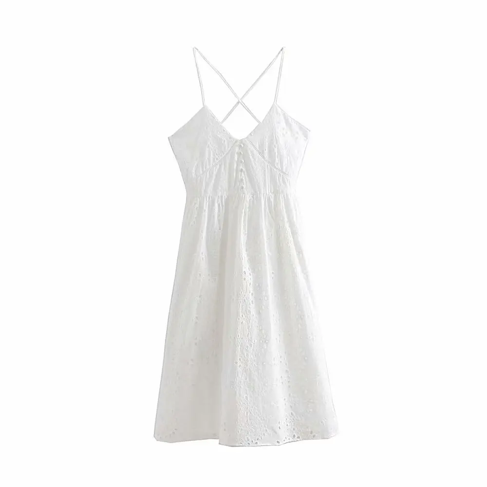

Fh-587 Spring And Summer New Style 2019 Europe And America Retro Sling Hollow out Embroidered A- line One Piece Medium-length Dr