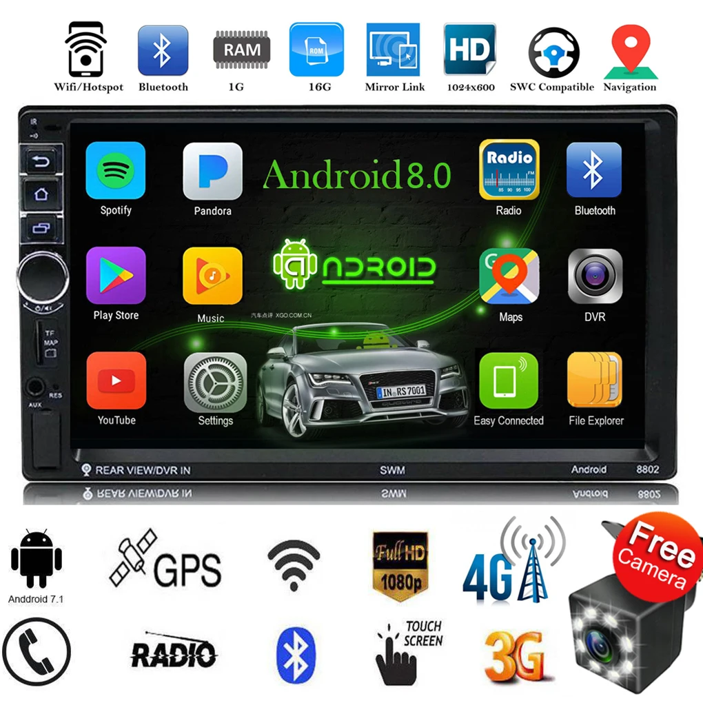 Автомобильный 2 Din Android 7,1 система 7 дюймов 4 ядра сенсорный экран Bluetooth FM AM радио gps навигация MP4 MP5 мультимедийный плеер