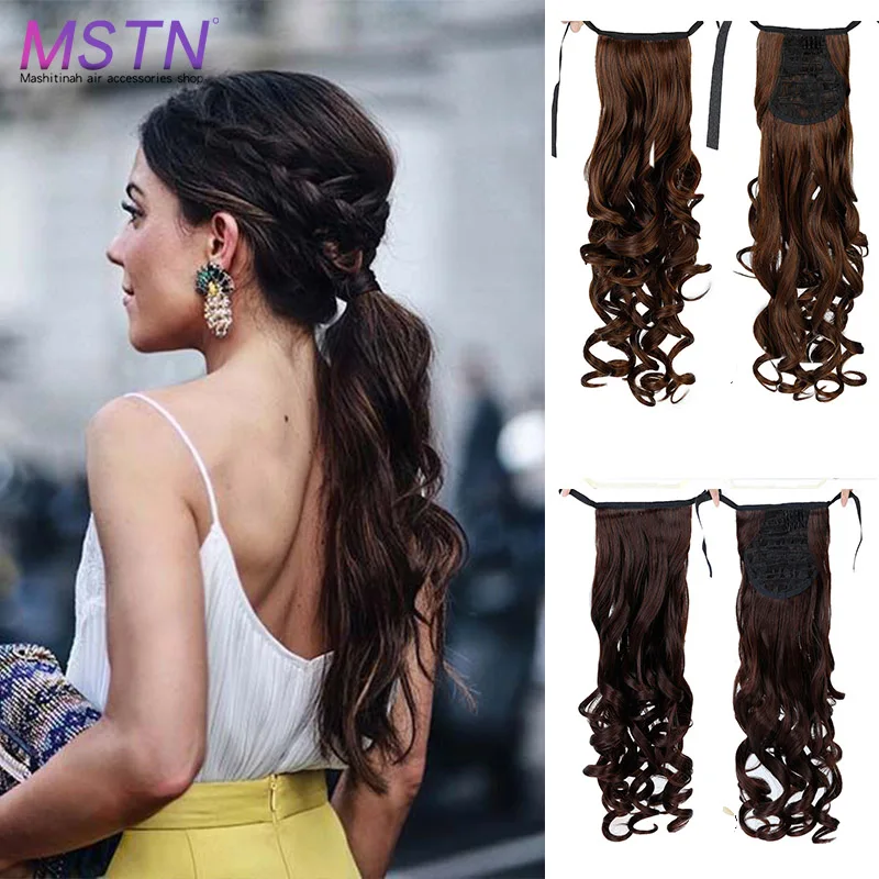 

MSTN Curly Hair Ponytail Synthetic Clip in Hair Extension Real Natural Ribbon Wrapped Black Brown Gold Wig Headwear