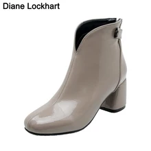 

Dropshipping Women Fashion Square High Heels Zapatos De Mujer Gray Patent Leather Shoes Ankle Boots Black Woman Warm Winter Shoe