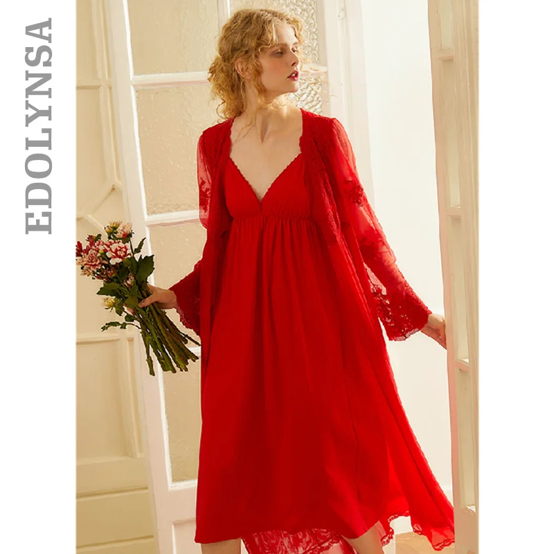 Robe Set Two Pieces Spaghetti Strap Deep V Neck White Cotton Sleepwear Lace Bathrobe Luxury Nightgown Long Negligee T728 | Женская