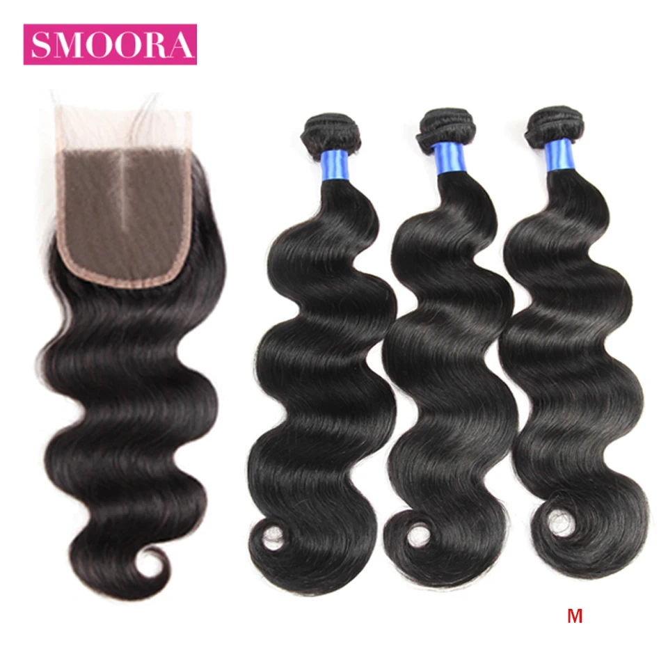 Body Wave Hair Bundles with Lace Closure Natural Black Bundle with Closure Baby Hair Non- Smoora