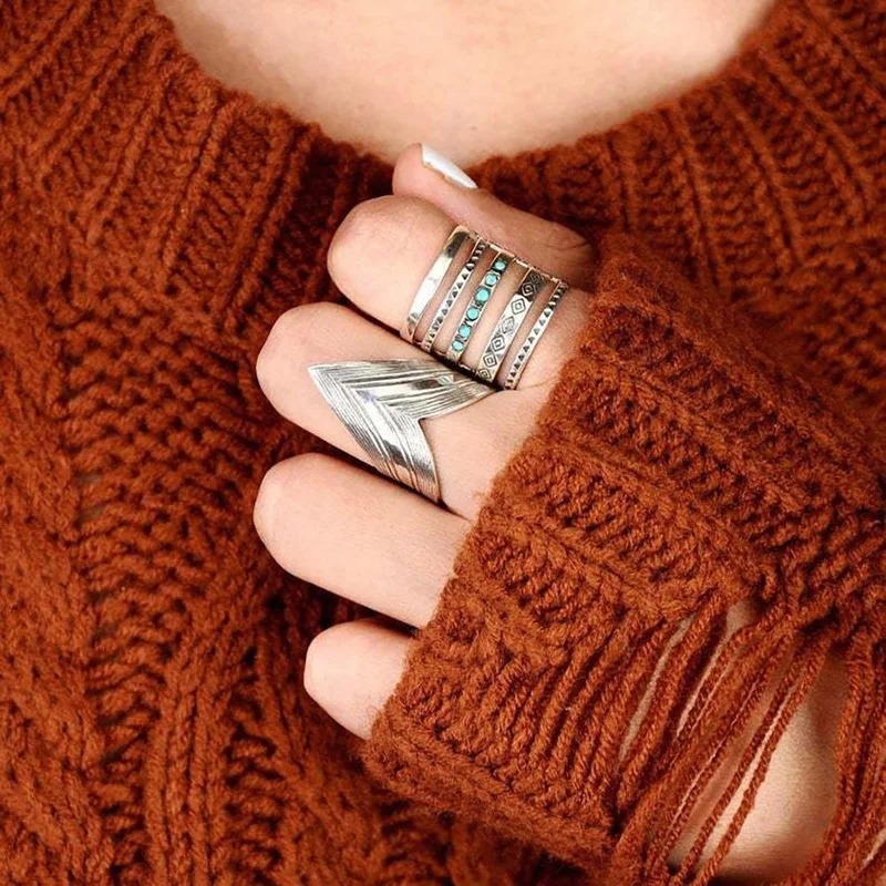 Silver Ring Vintage Bohemian Women's 925 Sterling Silver Multilayer Hollow Turquoise Ring Band Exquisite Engagement Wedding Rings
