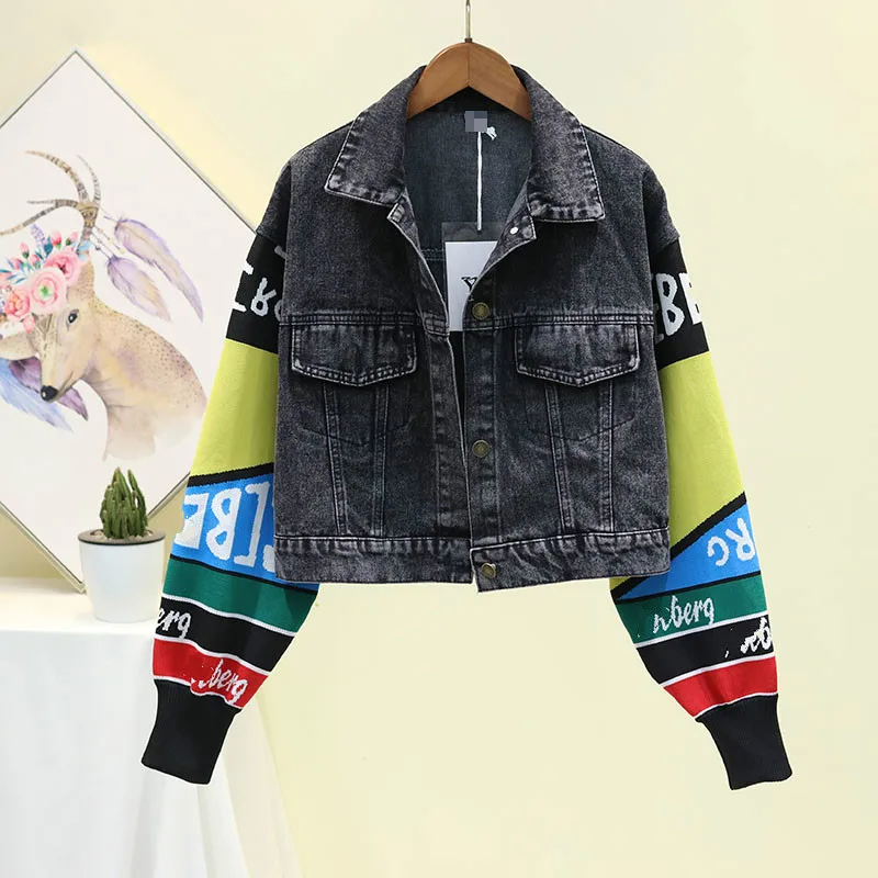 

European Autumn New Loose Short Knitted Bat Sleeve Stitching Jean Jacket Female Black Denim Coat Students Streetwear Coats