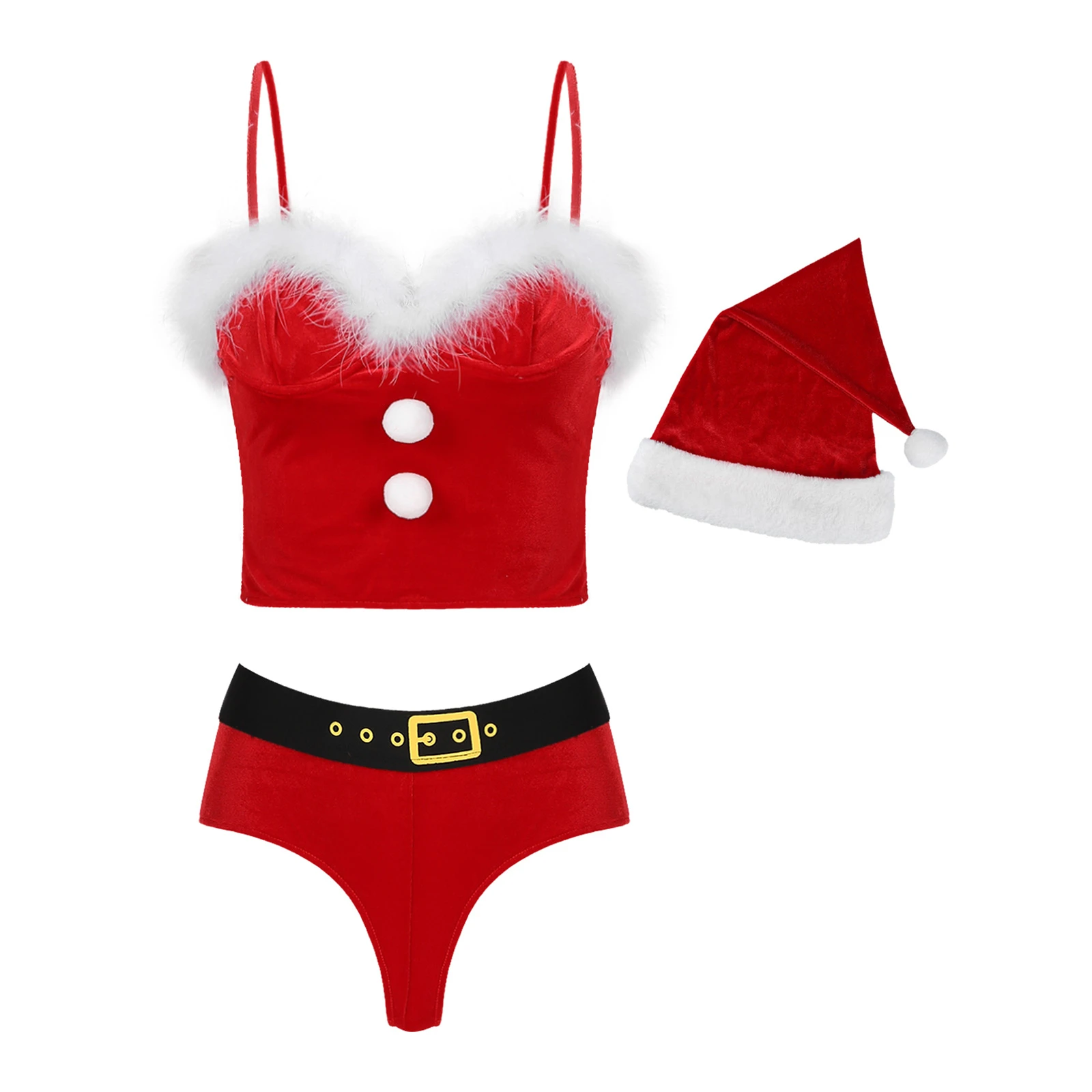 distorsionar Correlación riesgo Conjunto de lencería roja de Navidad para mujer, traje de Cosplay con  tirantes finos ajustables, pompones de piel sintética, Tops adornados con  bragas y sombrero|Conjuntos de lencería| - AliExpress