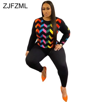 

Rainbow Geometric Print 2 Pieces Set Women Festival Clothing Round Neck Full Sleeve Tshirt and Pencil Pants Fall Winter Outfits