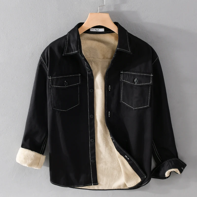 

New Designer black plus velvet thickening shirts men brand trend long-sleeved double pockets solid warm shirt for men camsias