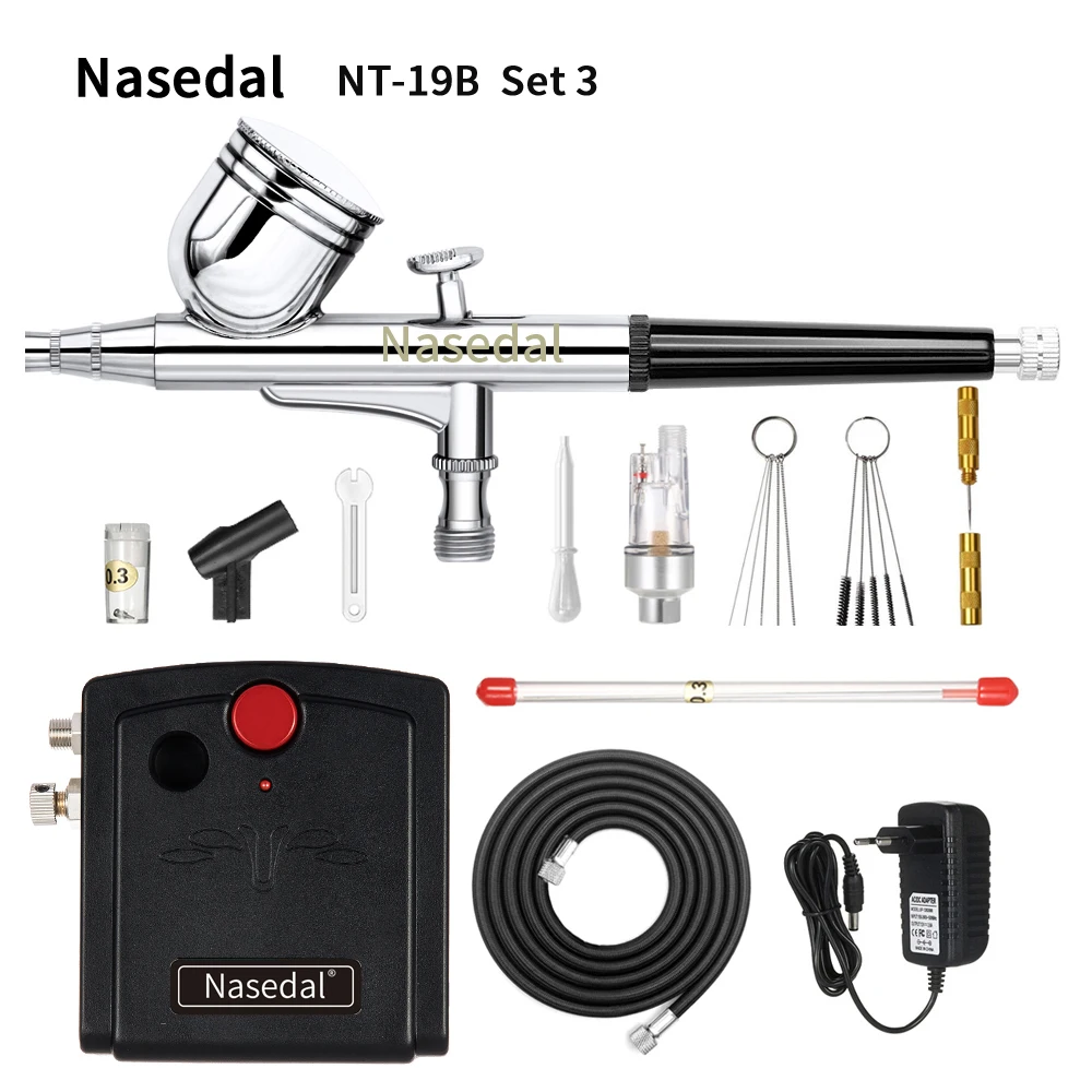 NT-19B Set 3 Nasedal Dual-Action Airbrush Compressor Kit 0.3mm Air brush Spary Gun for Cake Decoration Nail Art Model Car Painting Spray Tool - Цвет: NT-19B Set 3