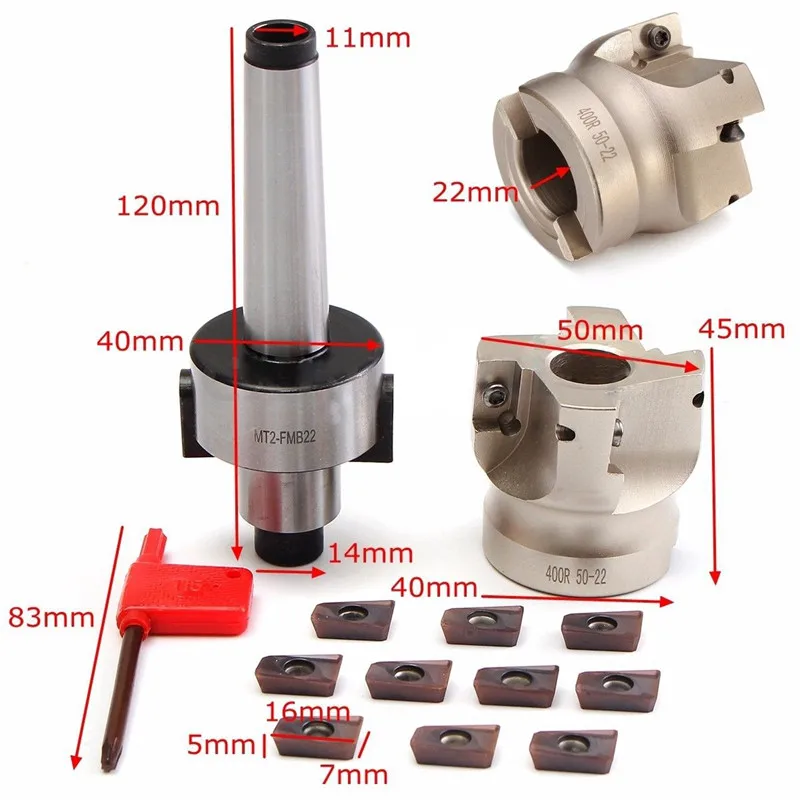 

MT2 M10&50mm Face End Mill Cutter+10 pcs APMT1604 Carbide Insert Wrench CNC