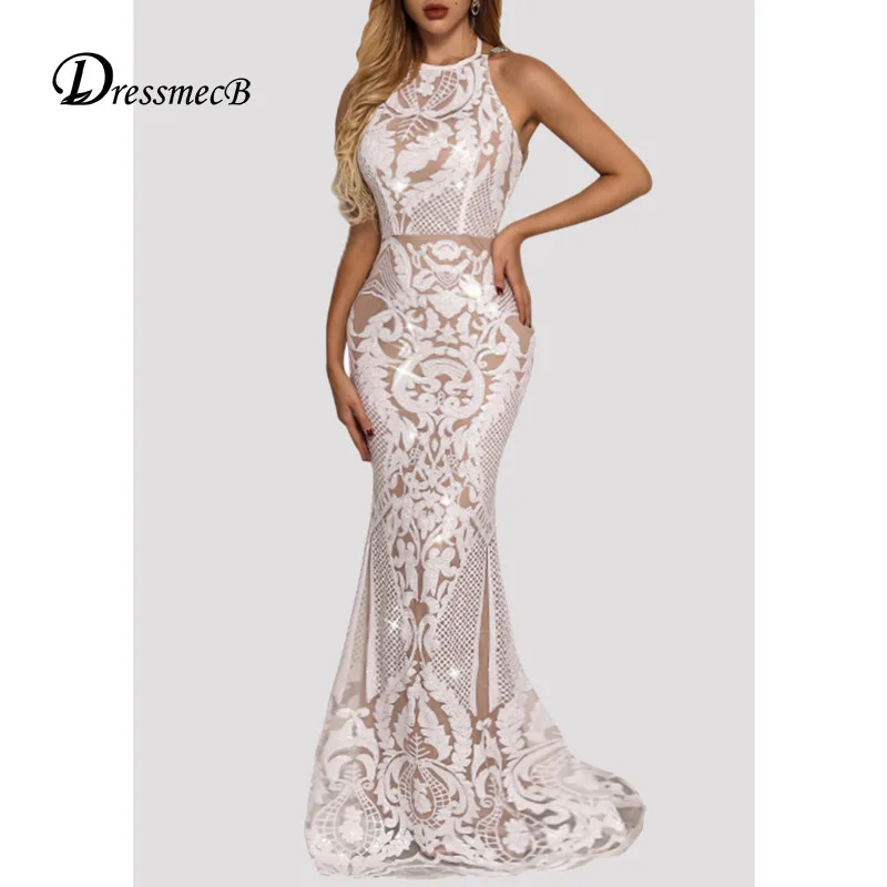 Dressmecb сексуальное платье с лямкой на шее открытой спиной без бретелек блестками