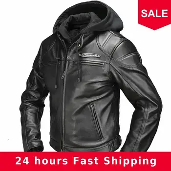 

2020 Black Men American Style Hood Motorcycle Leather Jacket Plus Size 4XL Genuine Thick Cowhide Winter Biker's Leather Coat