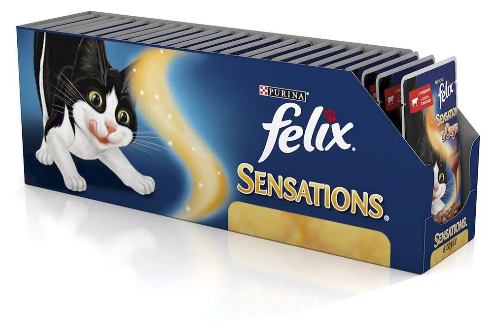 Влажный корм Felix Sensations в Удивительном Соусе для кошек c говядиной в соусе с томатами, Пауч, 85 г(24 шт