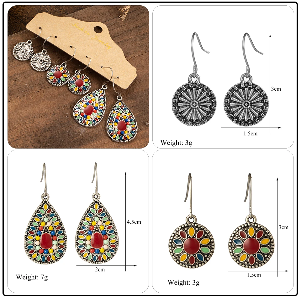 Bohemian Ethnic Vintage Big Round Earring Sets Jewelry for Women Acrylic Beads Pendant Silver Circle Flowers Earrings (1)