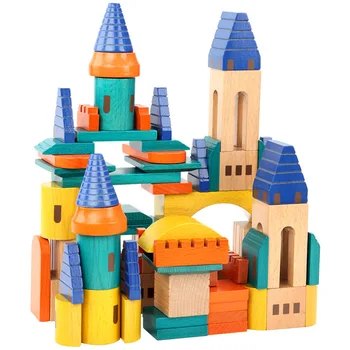 

69pcs Wood Together Castle Color Children Stacking Building Blocks Children Interactive Educational Toys for Kids Birthday Gifts