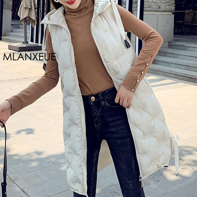 Однотонная вышивка зимний жилет с капюшоном пальто Женская Корейская утепленная теплая куртка без рукавов Женский Плюс Размер Длинный жилет верхняя одежда