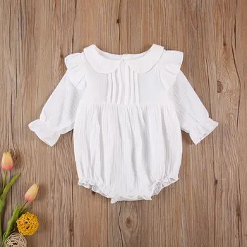 

Cute Baby's Romper Long Sleeve Lapel Collar with Buttons Top Wrinkled Short for Summer and Spring 0-24M