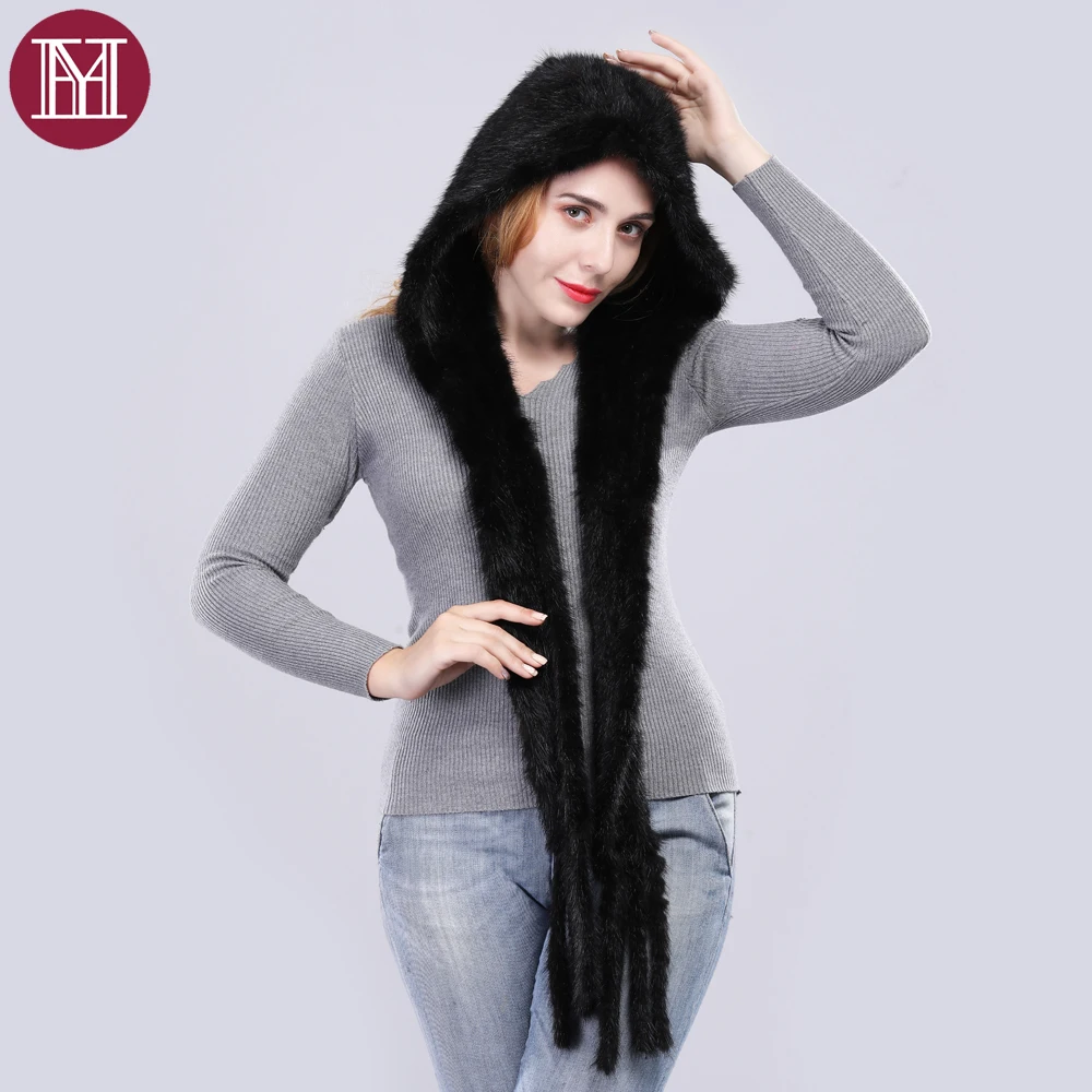 Fashion women real mink fur scarf with hooded handmade knitted genuine mink scarves tassel elegant brand