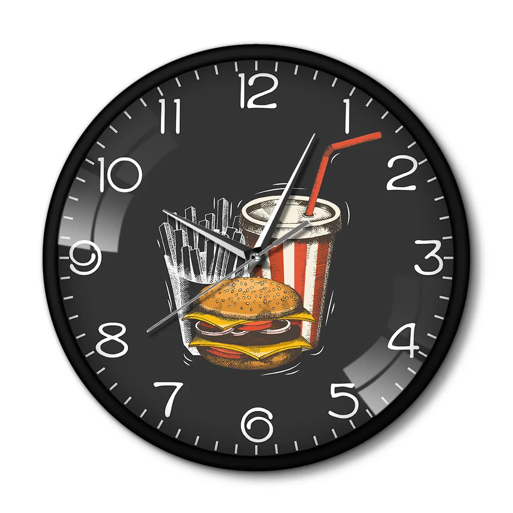 Hamburger French Fries Soda Traditional Taste Takeaway  Wall Clock Metal Frame  