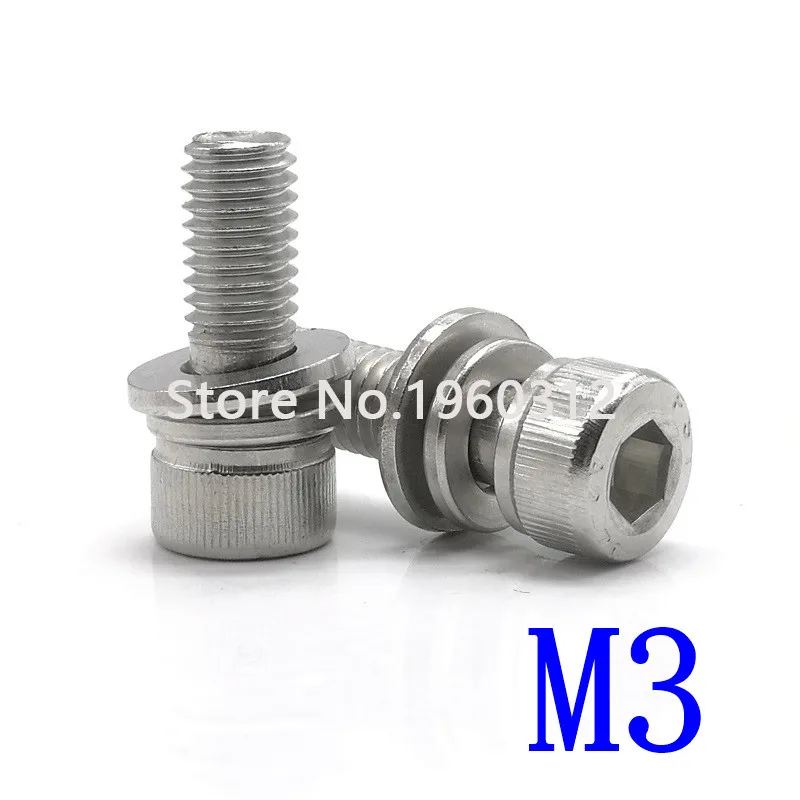 500Pcs m3*6/8/10/12/14/16/18/20/25/30/35 304 stainless steel hex socket cap head three combination screw