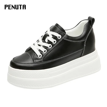 

2020 High Platform Shoes Women Split Leather Lace Up Casual Shoes White Black Flat Platform Shoes Spring Autumn Designer C002