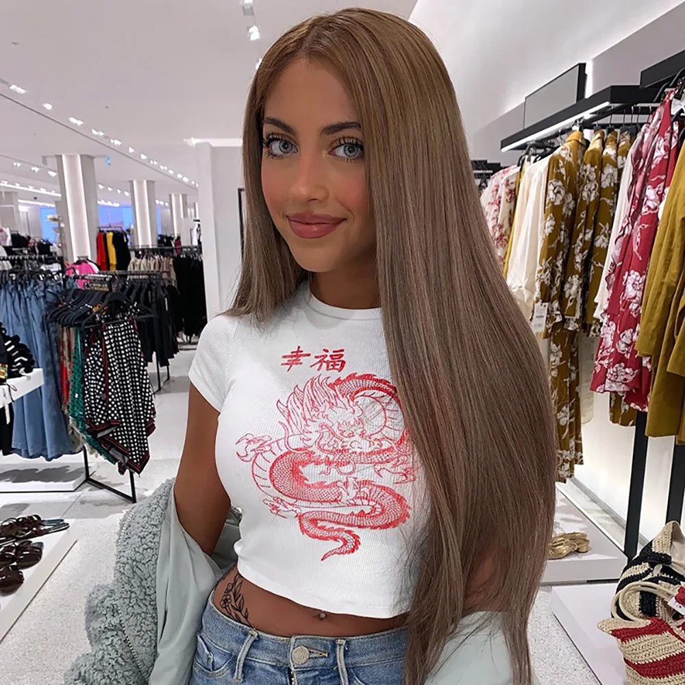 

Sexy T-shirt Women Casual Fashion Slimming Top European American Women's 2020 Happy Dragon Print Knitted Aesthetic Edgy Shirt