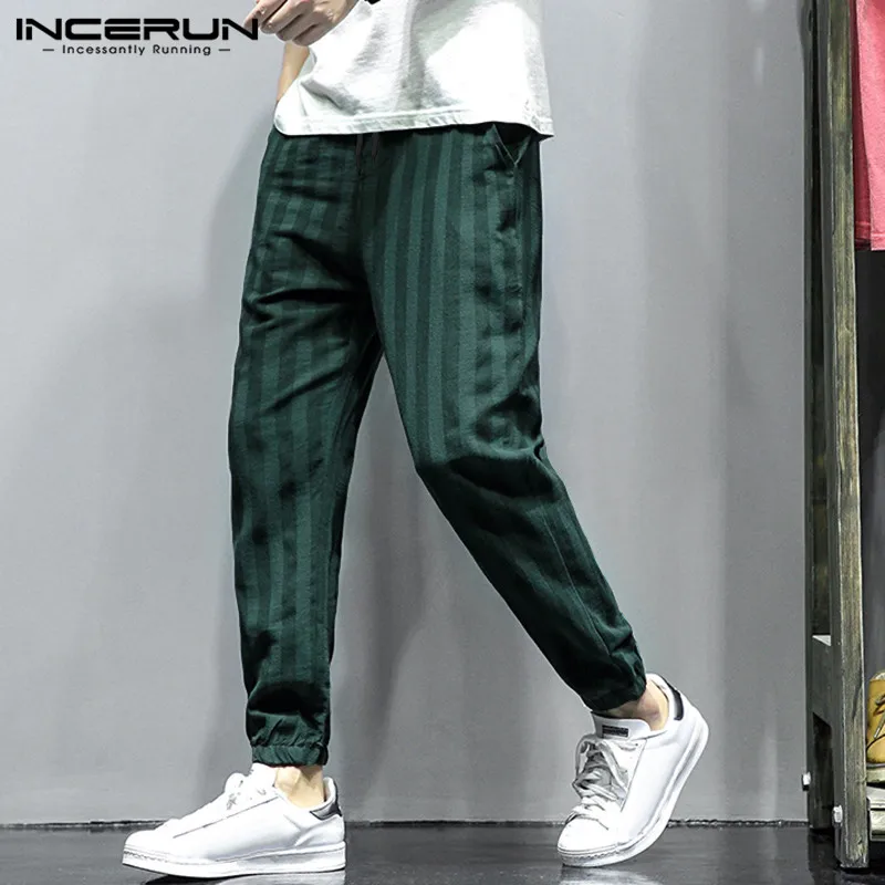 INCERUN Loose Men Pants Wide Legs Stripe Print Drawstring Baggy Harem Trousers Mens Hip-hop Joggers Elastic Waist Sweatpants