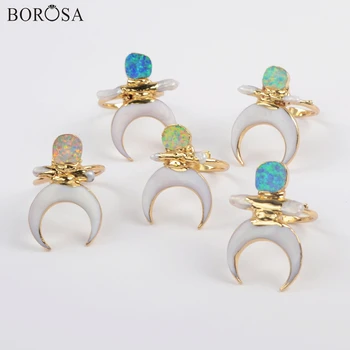 

BOROSA 5Pcs Gild Crescent White Shell & Manmade Opal Adjustable Ring Mixed Colors Japanese White & Blue Opal Rings Jewelry G1863