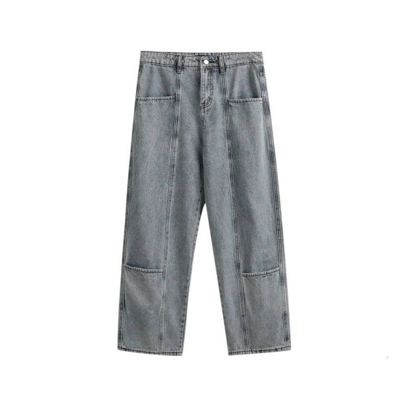 Jeans Men Fashion Wash Solid Color Big Pocket Denim Trousers Man Streetwear Hip Hop Loose Straight Jeans Pants Male Clothes - Цвет: blue