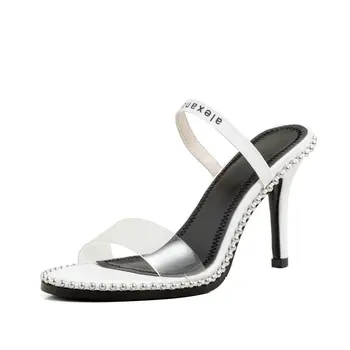 

Retro PVC Leather High Heels Slipper Shoes Women Fashion Sexy Summer Shoes Woman Black White PINK Open Toe Flop Flips