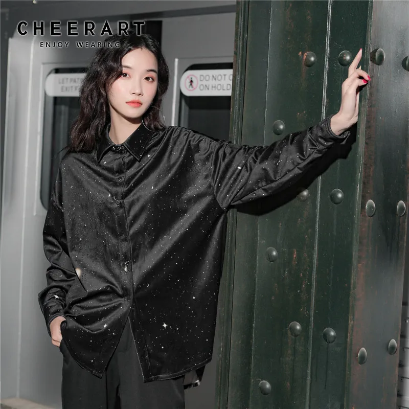 CHEERART рубашка с длинным рукавом и принтом звездного неба, Женская Длинная блузка, черные топы и блузки, рубашка на пуговицах для женщин